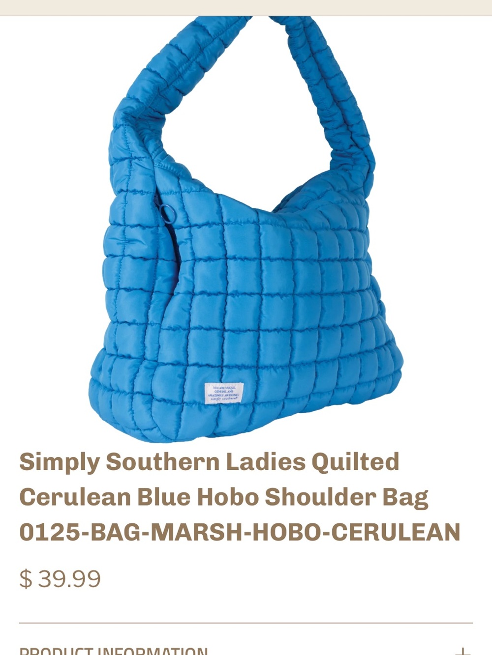 NWOT Simply southern puffy quilted hobo bag blue